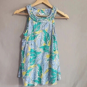 Women's Crown & Ivy Flowy Top With Leaves Design, Petite Large, Green, Pre-Owned